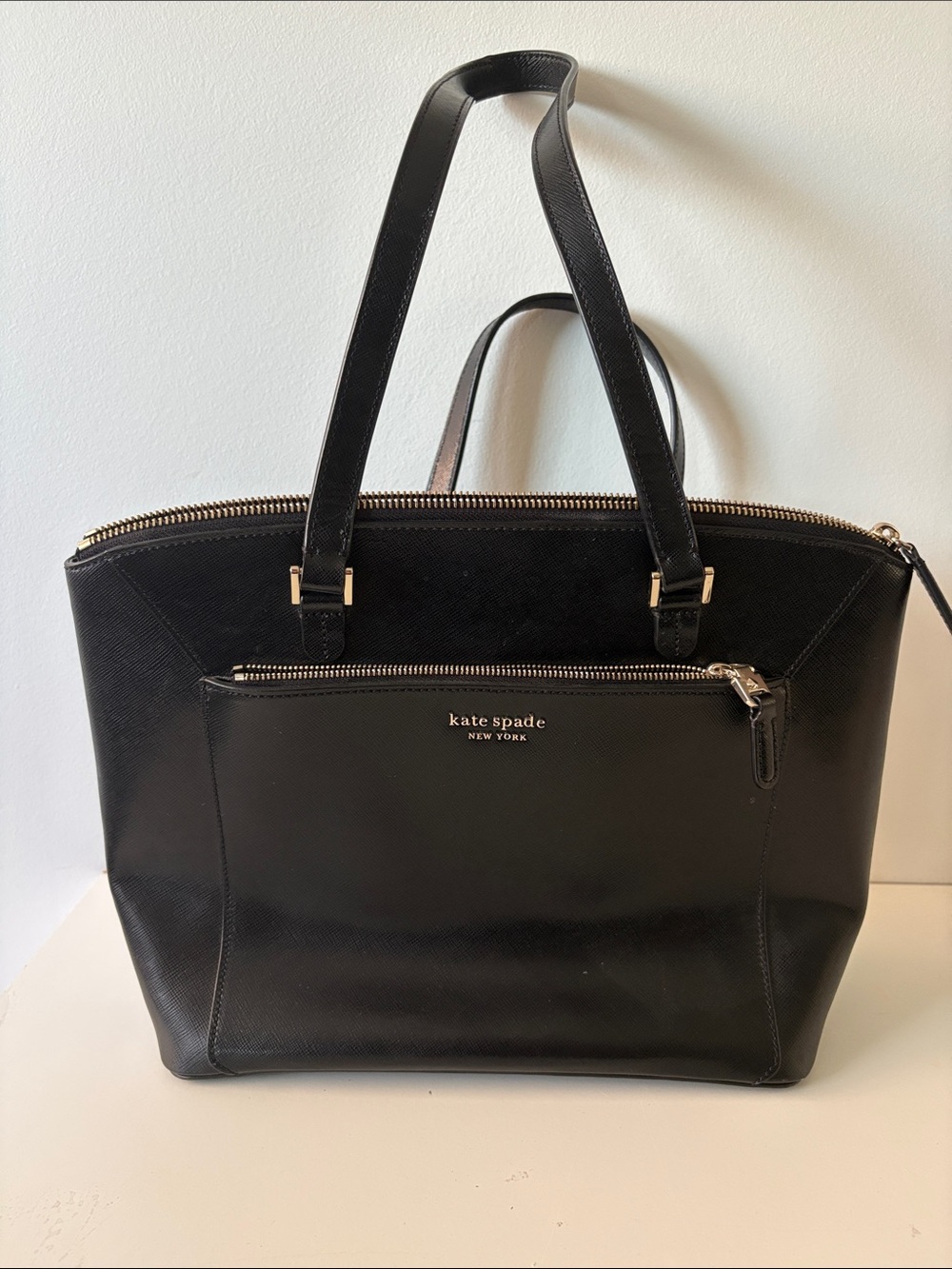 kate spade Black Leather Saffiano Tote with Front Zip Pocket